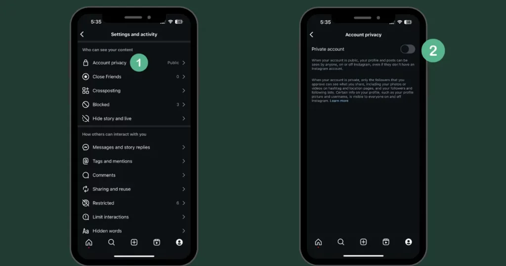 tap account privacy and switch to private on how to hide following list on instagram