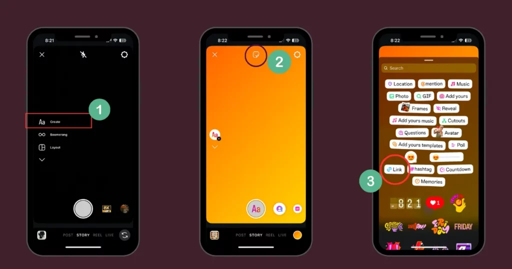 click create then tap sticker and click link to add tiktok link to instagram story