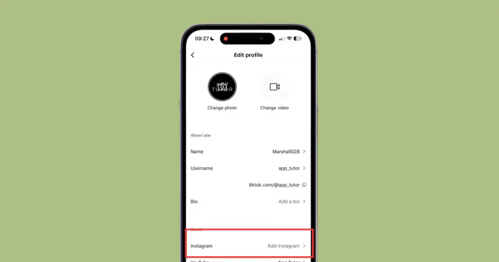 scroll to the social section and select add instagram to link instagram to tiktok