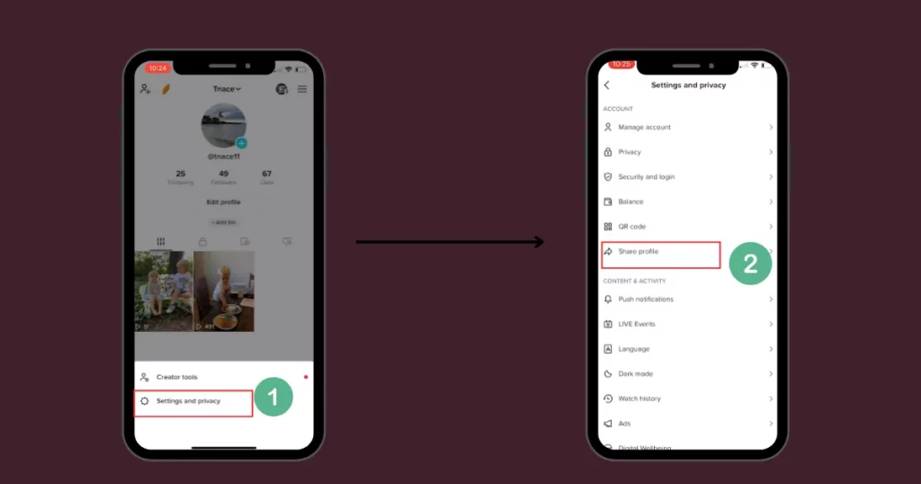 select settings and privacy and tap share profile