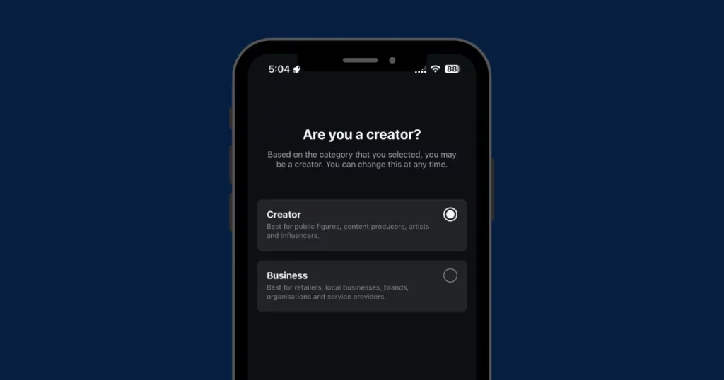 choose creator or business and tap next twice