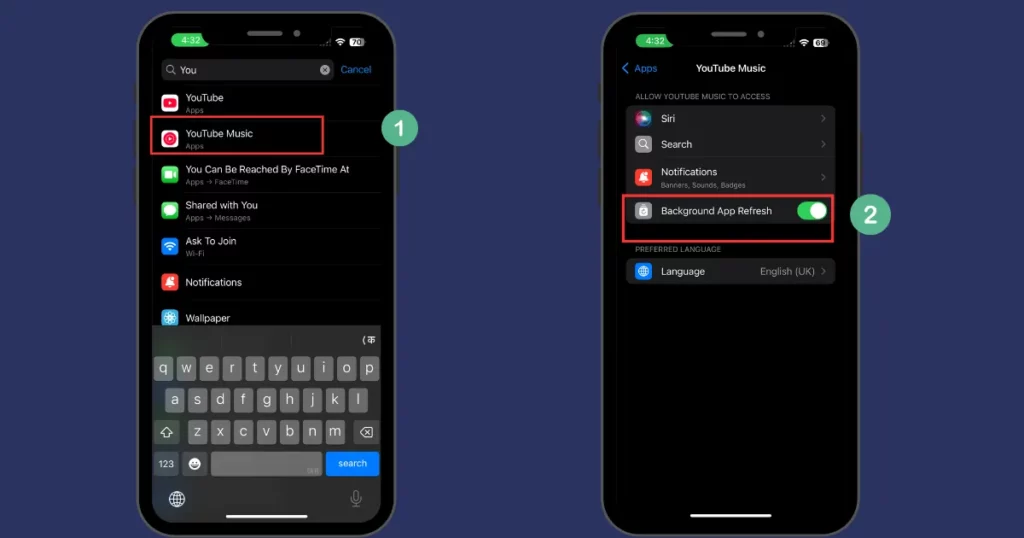 locate youtube music in settings, then select background app refresh