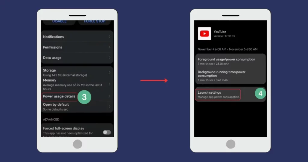 tap power usage details or similar and choose launch settings